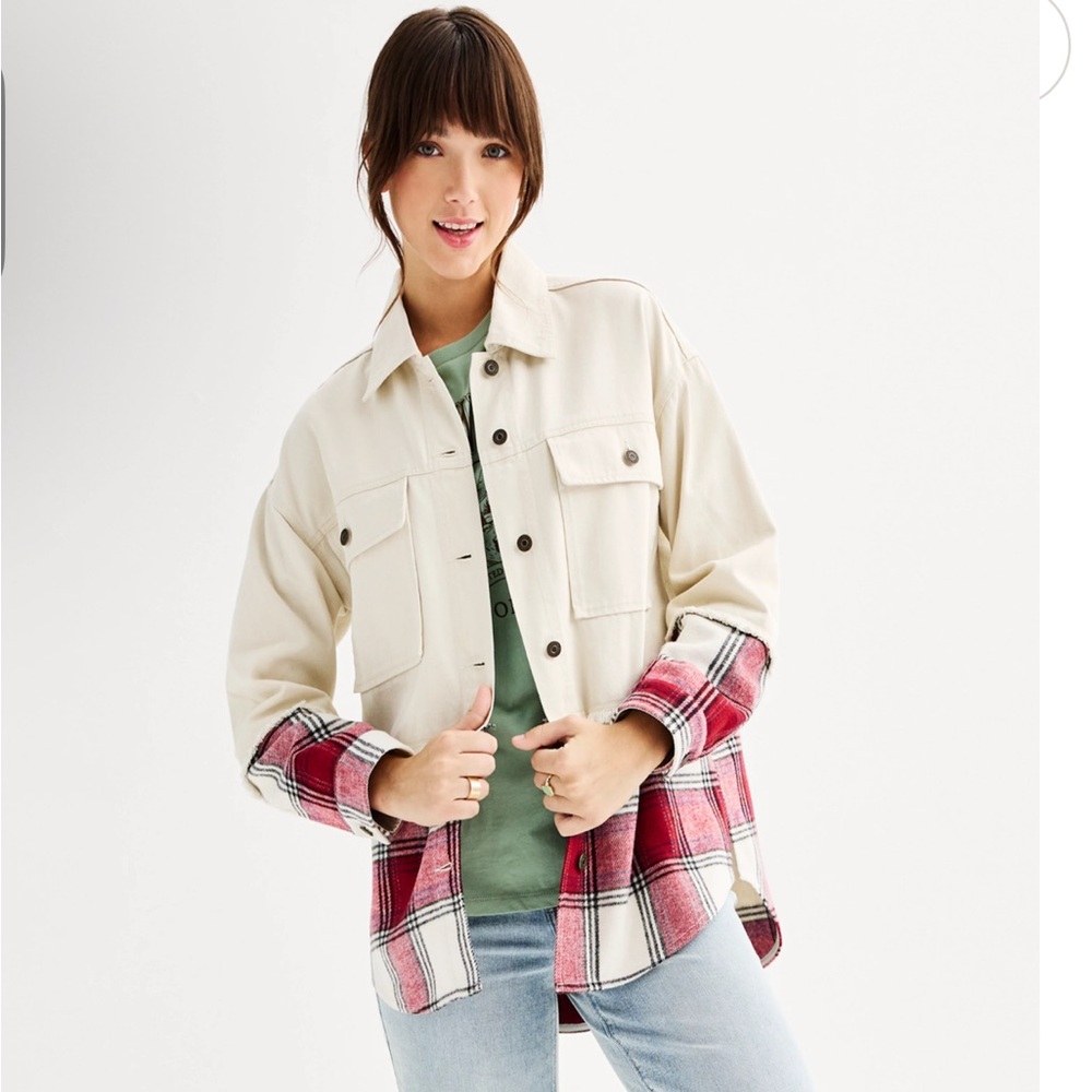 🌻 SO Denim and Plaid Mixed Media Shacket NWT - Picture 2 of 3